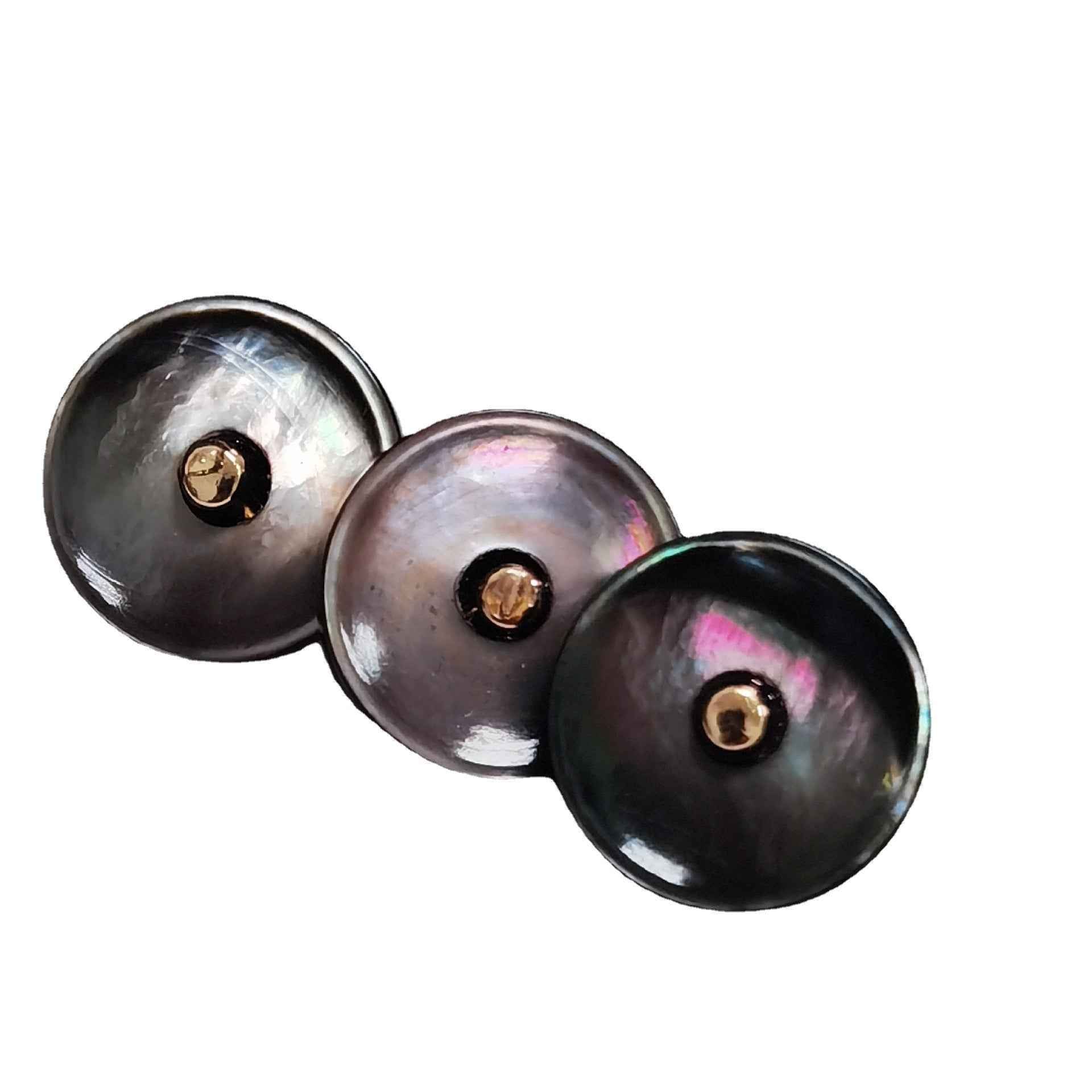 Iridescent black mother-of-pearl shank buttons with gold-tone backing, close-up of 3