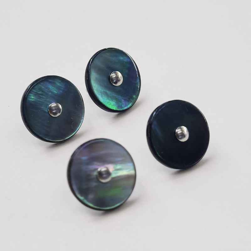 Black mother-of-pearl buttons, 16L/18L, metal shank; iridescent green-blue highlights