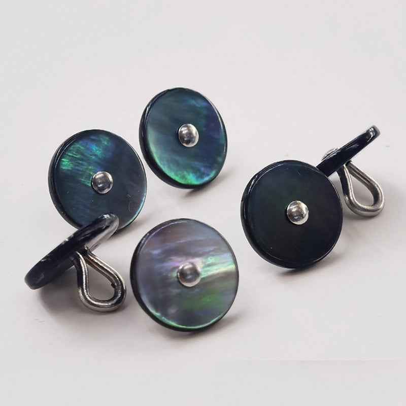 Black mother-of-pearl buttons, 16L/18L, metal shank; iridescent green-blue highlights