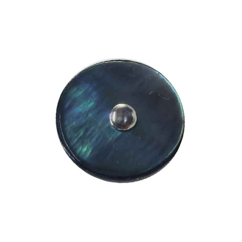 Black mother-of-pearl shell button with metal shank; subtle green-blue iridescence