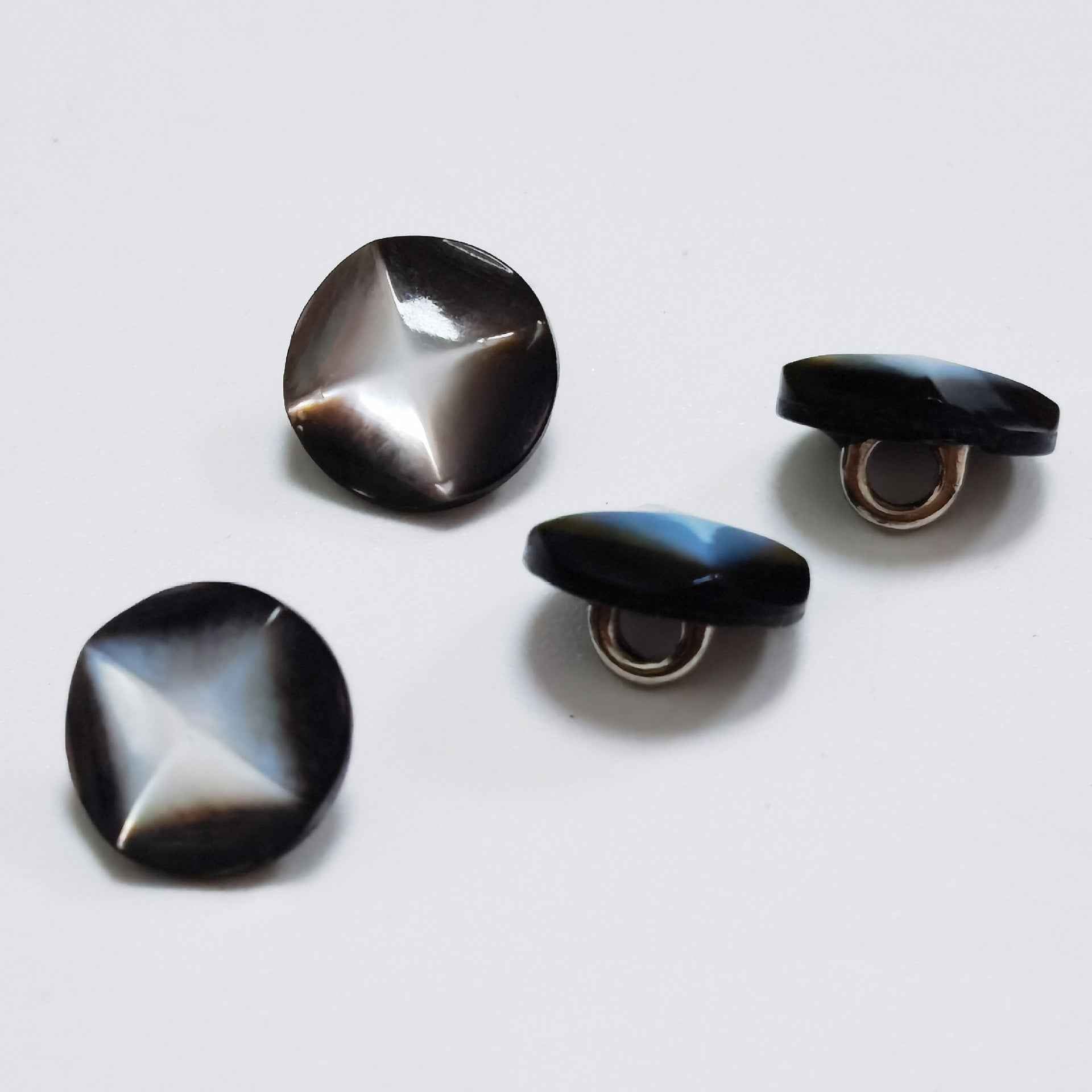 Black mother-of-pearl buttons with metal shank backs, round disk, 100 pcs