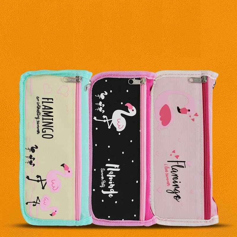Cute Flamingo Print Double Zipper Pencil Case Stationery Organizer