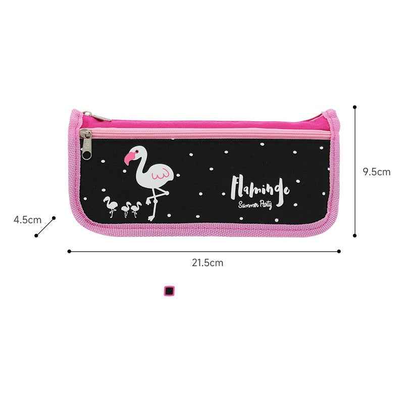 Cute Flamingo Print Double Zipper Pencil Case Stationery Organizer Black