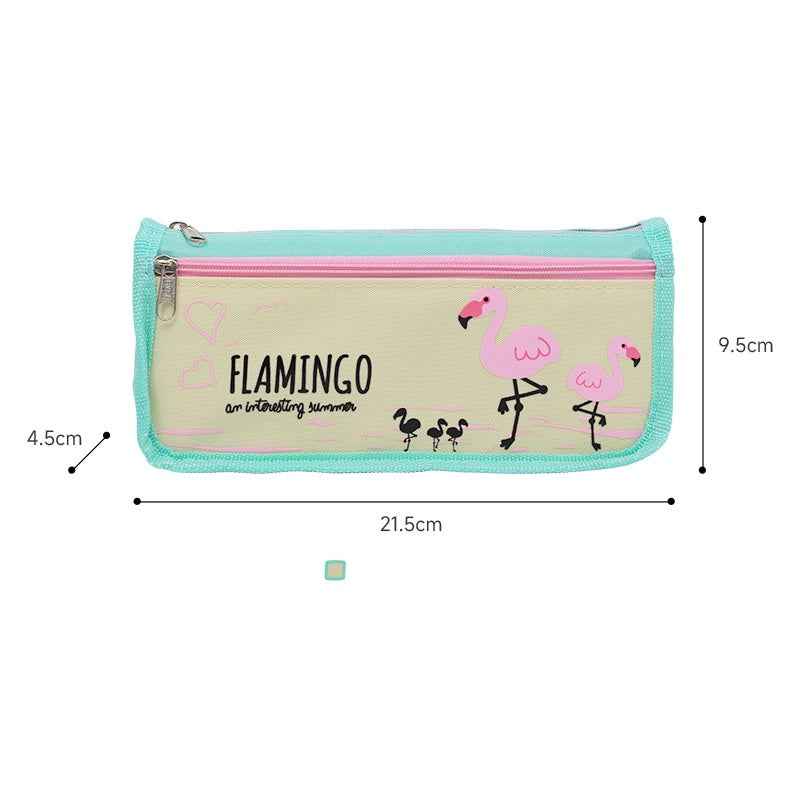 Cute Flamingo Print Double Zipper Pencil Case Stationery Organizer Green