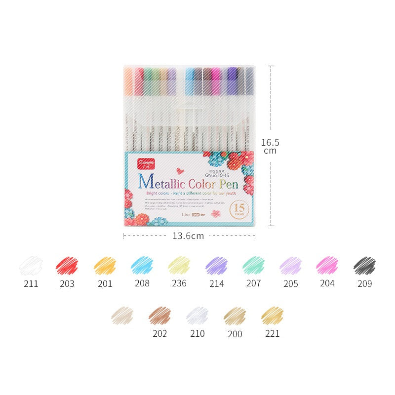 Guangna 6510 Metallic Color Pen 10/12/15/20/30 Fine Point Markers 15 Color