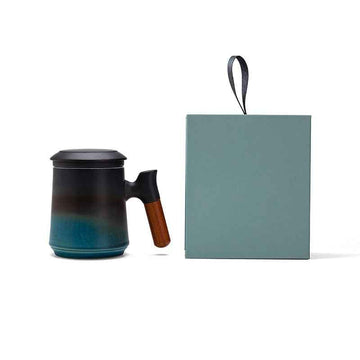Gradient Tea Cup Mug with Infuser and Lid, 14.5oz Wood Handle Black Blue