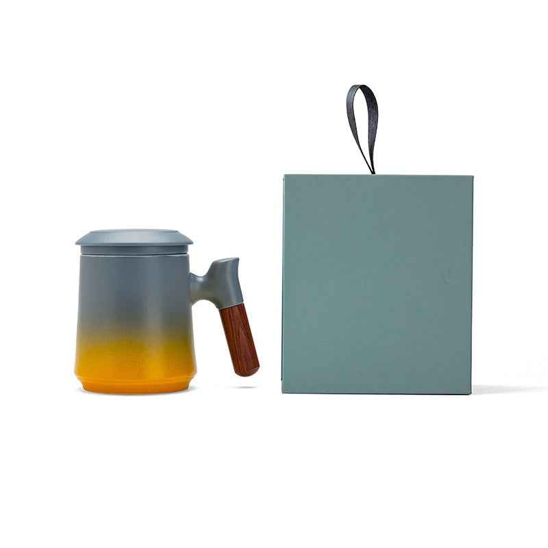 Gradient Tea Cup Mug with Infuser and Lid, 14.5oz Wood Handle Blue Yellow