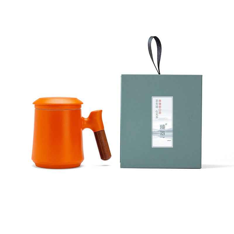 Gradient Tea Cup Mug with Infuser and Lid, 14.5oz Wood Handle Orange