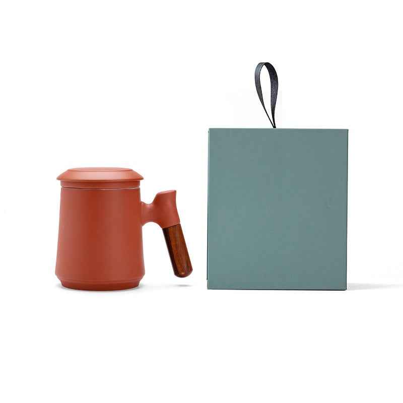 Gradient Tea Cup Mug with Infuser and Lid, 14.5oz Wood Handle Red