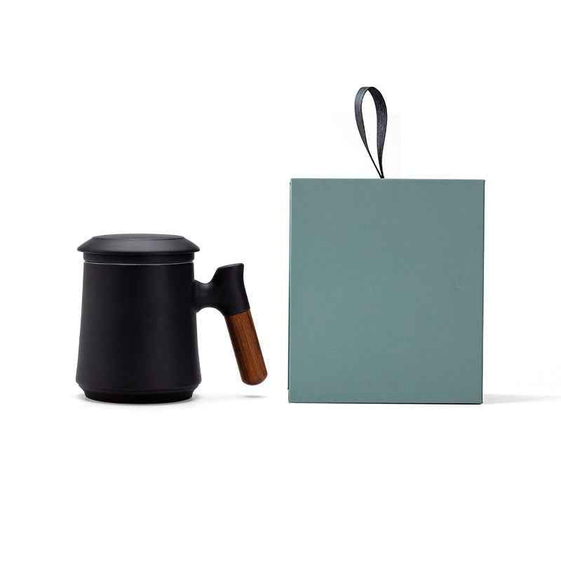 Gradient Tea Cup Mug with Infuser and Lid, 14.5oz Wood Handle Black