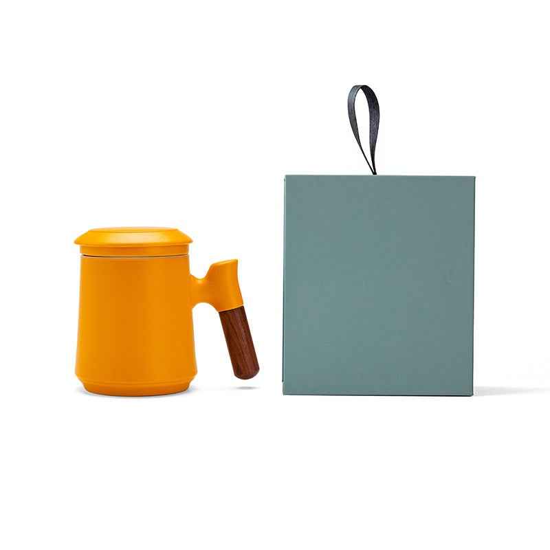 Gradient Tea Cup Mug with Infuser and Lid, 14.5oz Wood Handle Yellow