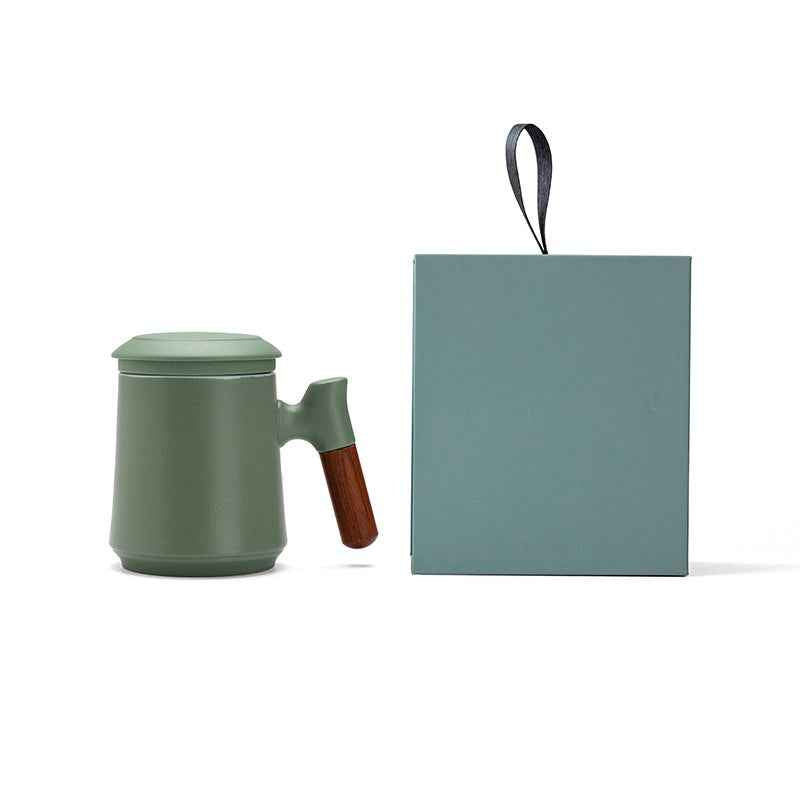 Gradient Tea Cup Mug with Infuser and Lid, 14.5oz Wood Handle Green