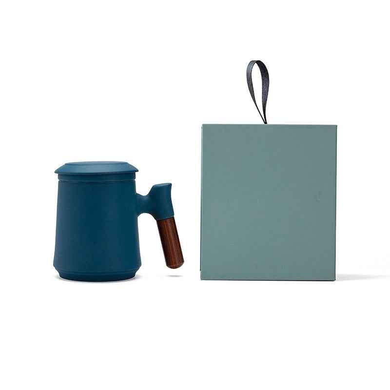 Gradient Tea Cup Mug with Infuser and Lid, 14.5oz Wood Handle Navy Blue