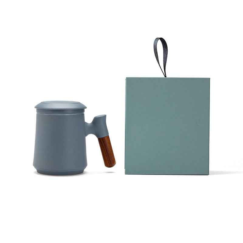 Gradient Tea Cup Mug with Infuser and Lid, 14.5oz Wood Handle Grey