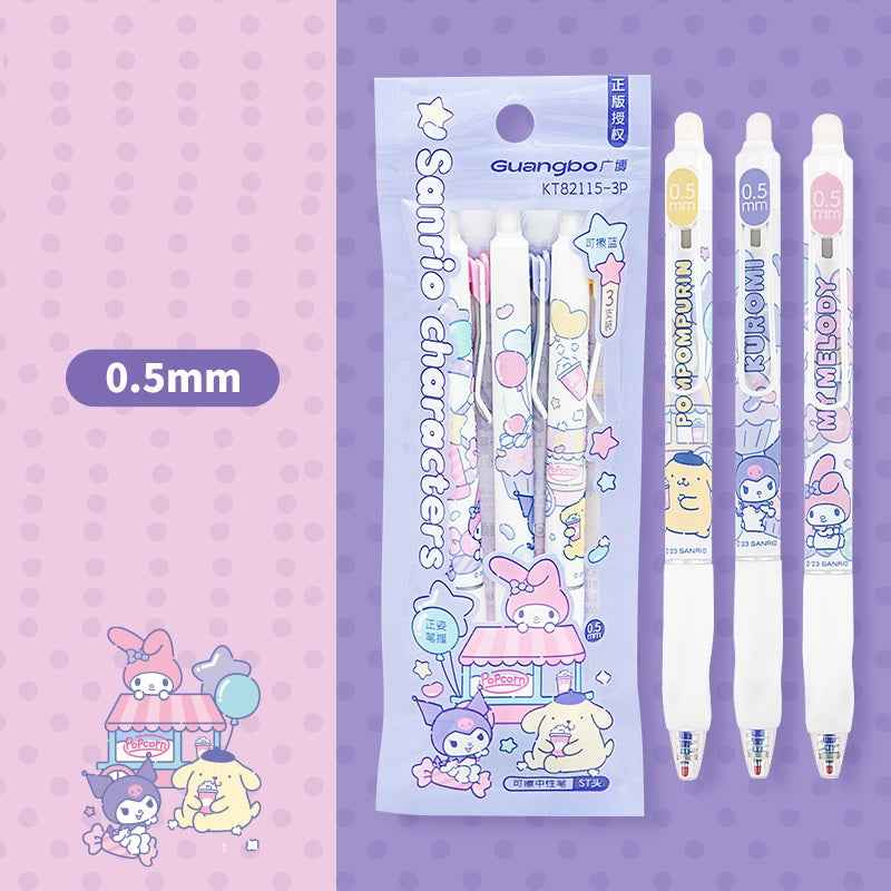 Guangbo Sanrio Erasable Gel Pen Set – 0.5mm Blue Ink, 3-Pack A