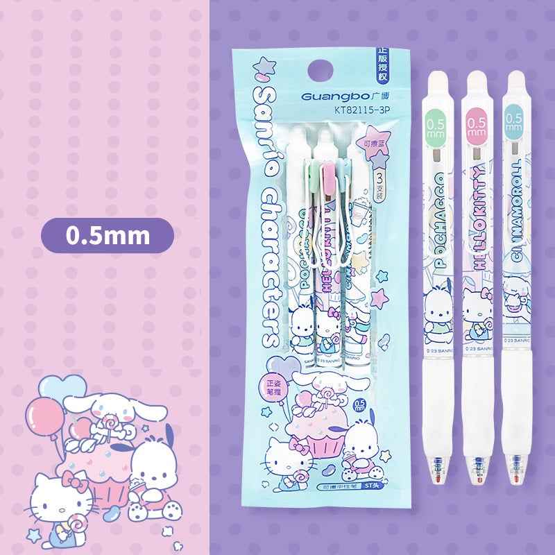 Guangbo Sanrio Erasable Gel Pen Set – 0.5mm Blue Ink, 3-Pack B