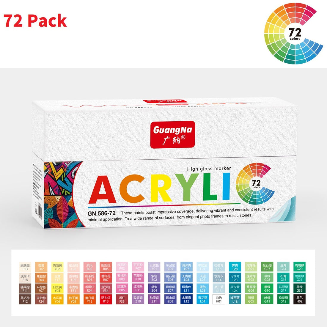 Guangna Liquid Acrylic Marker Set – 1.0mm Metal Tip - 72 Colors