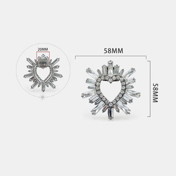 Rhinestone heart shoe buckles, silver heart with spike stones, 58mm x 20mm