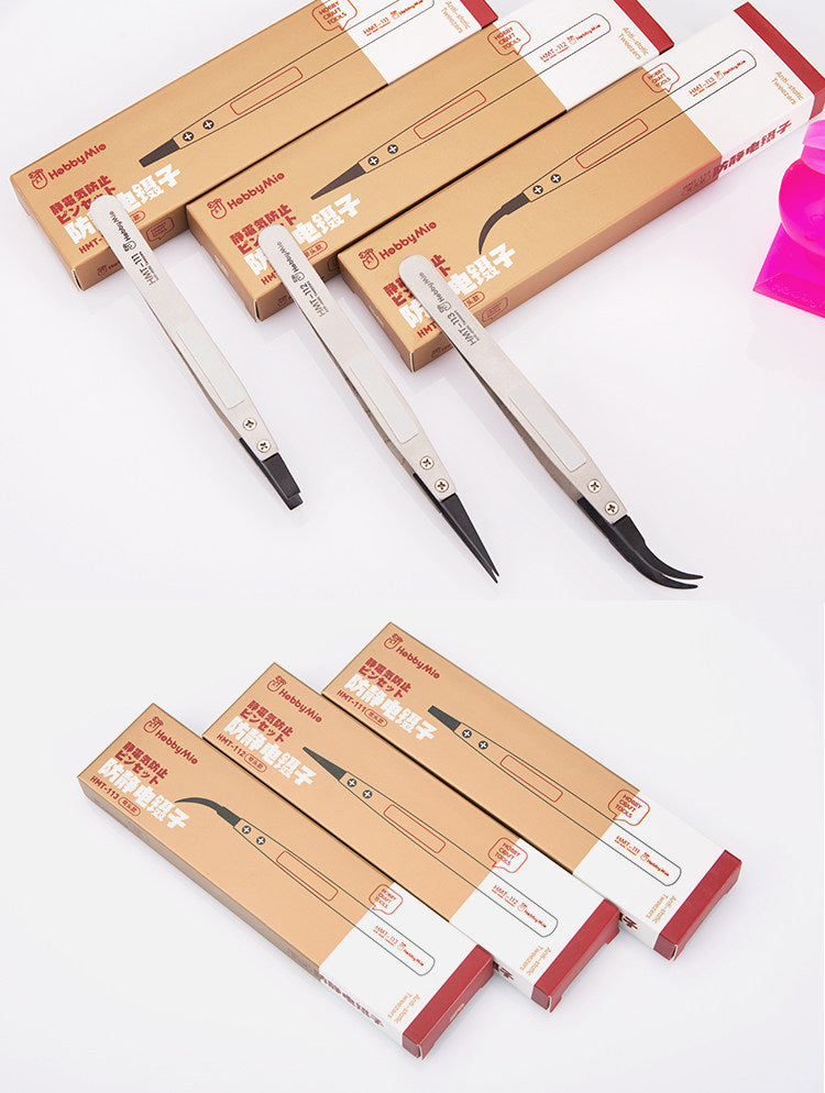 HobbyMio ESD Tweezers Set of 3 – Wide Narrow Curved Tip Gundam Model Tool