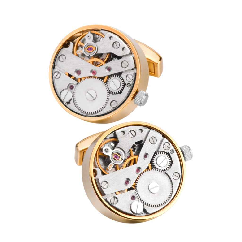 Gold mechanical watch movement cufflinks, round face with exposed gears and springs