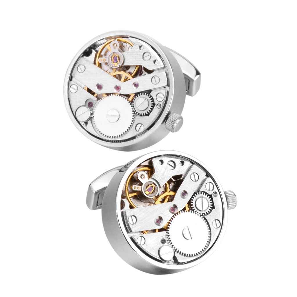Gold mechanical watch movement cufflinks, round face with exposed gears and springs