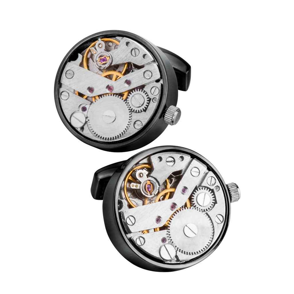 Gunmetal mechanical watch movement cufflinks, round face with exposed gears and metal frame