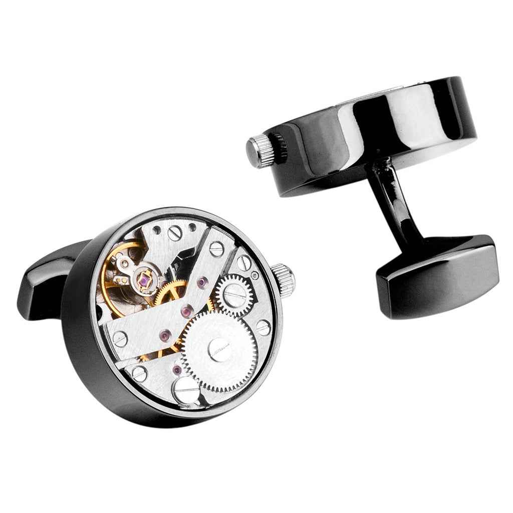 Gunmetal mechanical watch movement cufflinks, round gear face with bar clasp