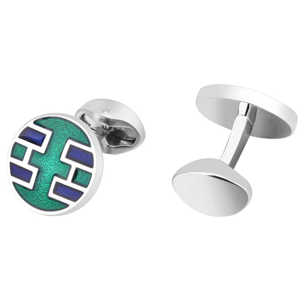 Round green enamel cufflinks with blue geometric pattern and silver backs