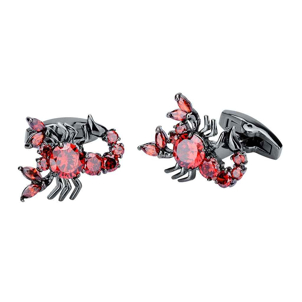 Scorpion cufflinks with red zircon stones on gunmetal claws