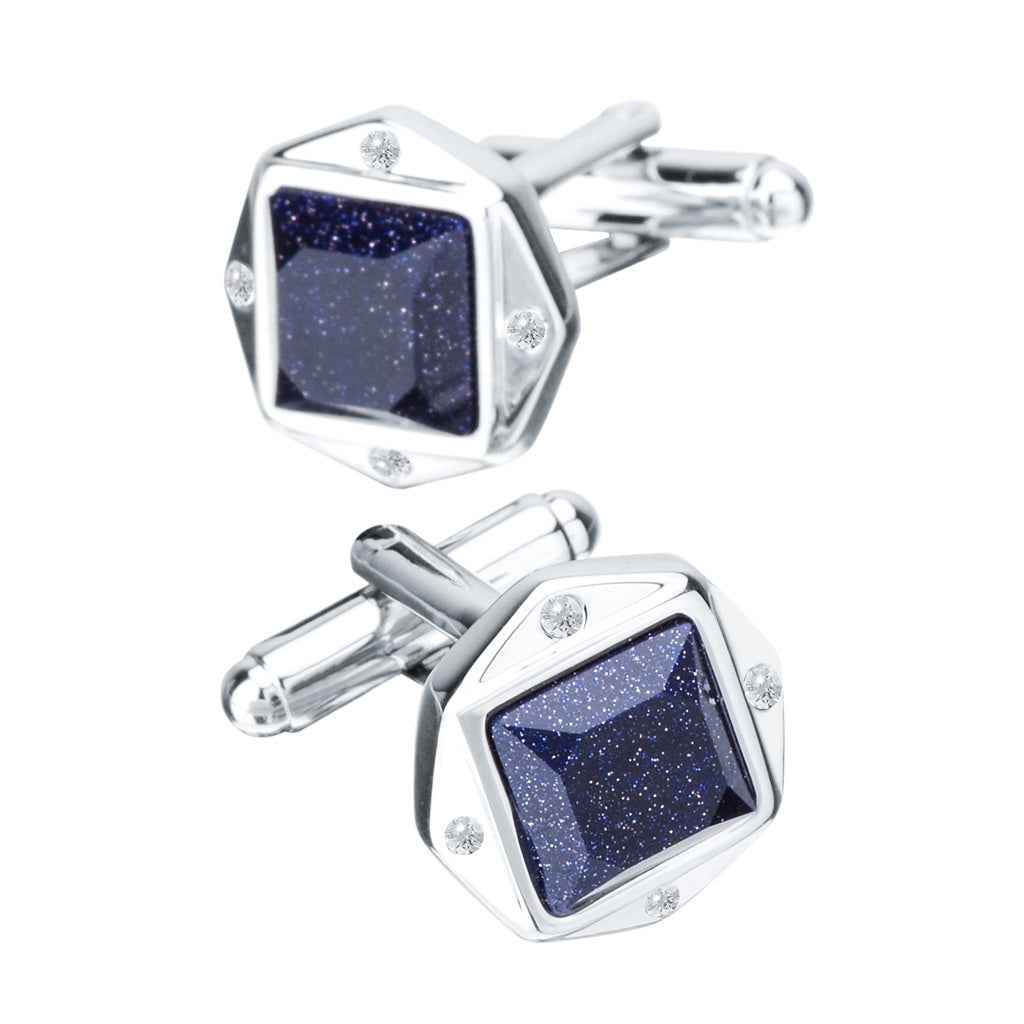 Silver-tone cufflinks with square blue sandstone center and small crystal accents
