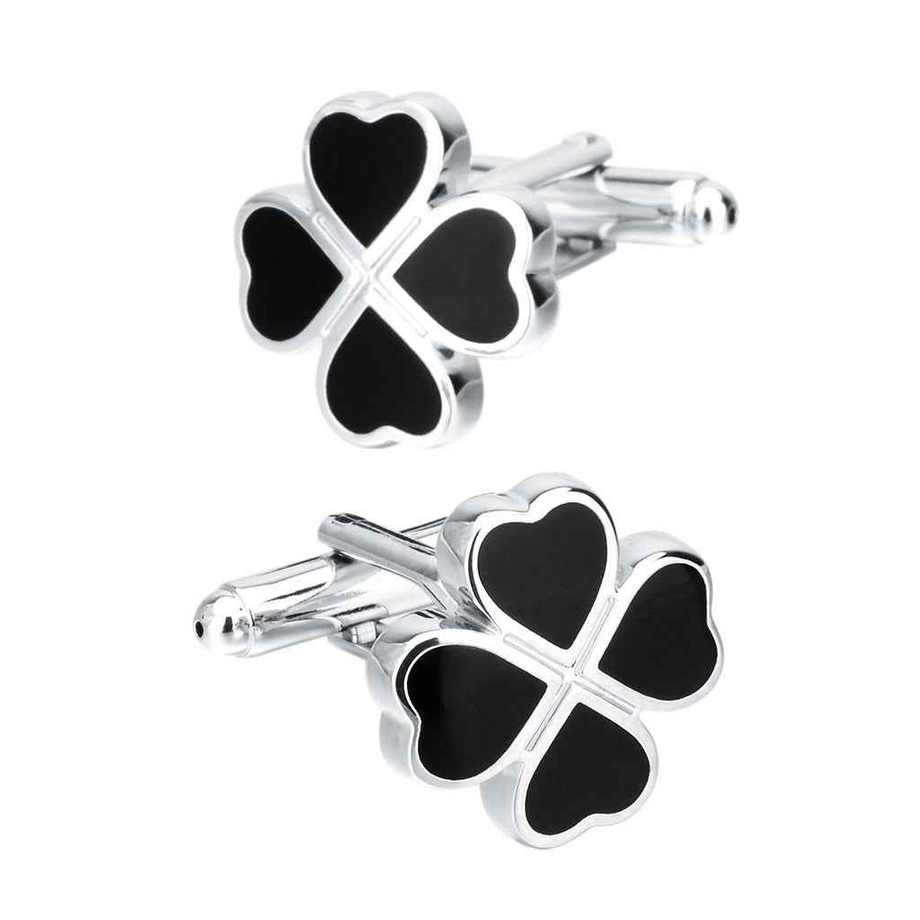 Black enamel four-leaf clover cufflinks with polished silver settings