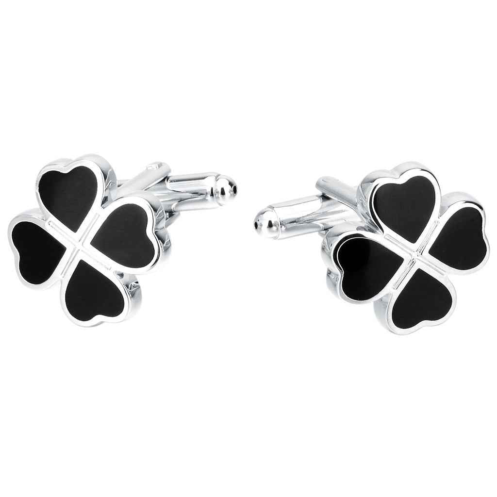 Black enamel four-leaf clover cufflinks with polished silver settings
