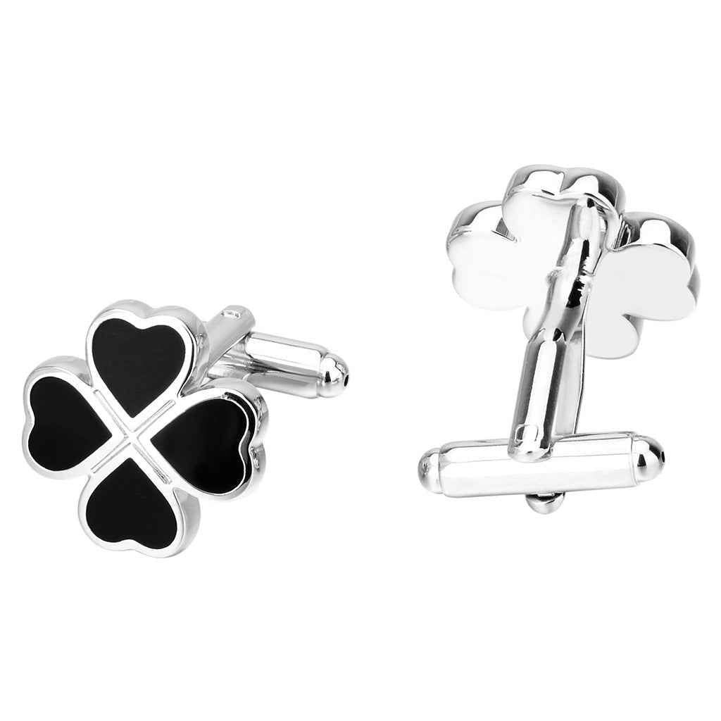 Black four-leaf clover enamel cufflink front with silver hinge bar