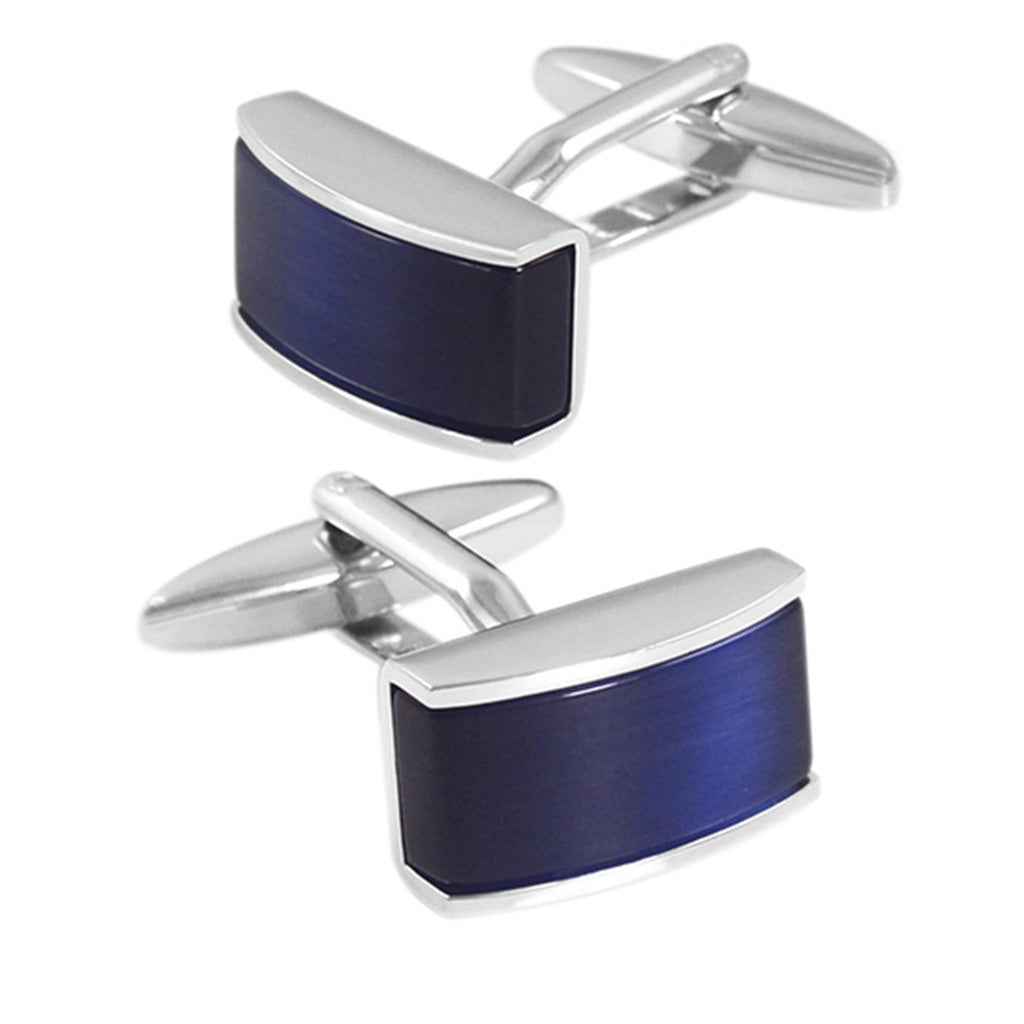 Blue cat's eye cufflinks with rhodium-plated rectangular face, hinged bar back