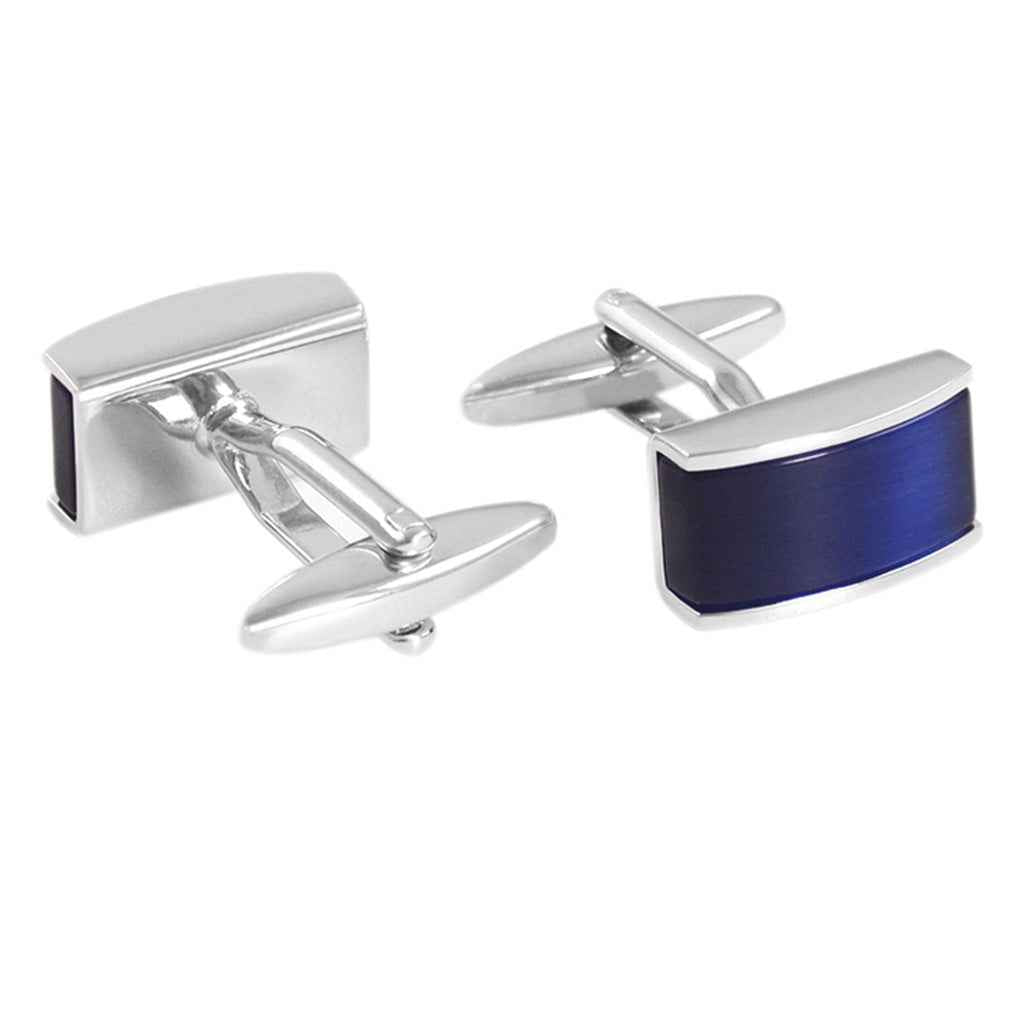 Blue cat's eye cufflinks with rhodium-plated rectangular face, hinged bar back