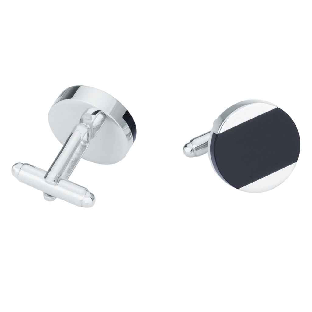 Round black onyx cufflinks with silver-tone edging and hinged posts