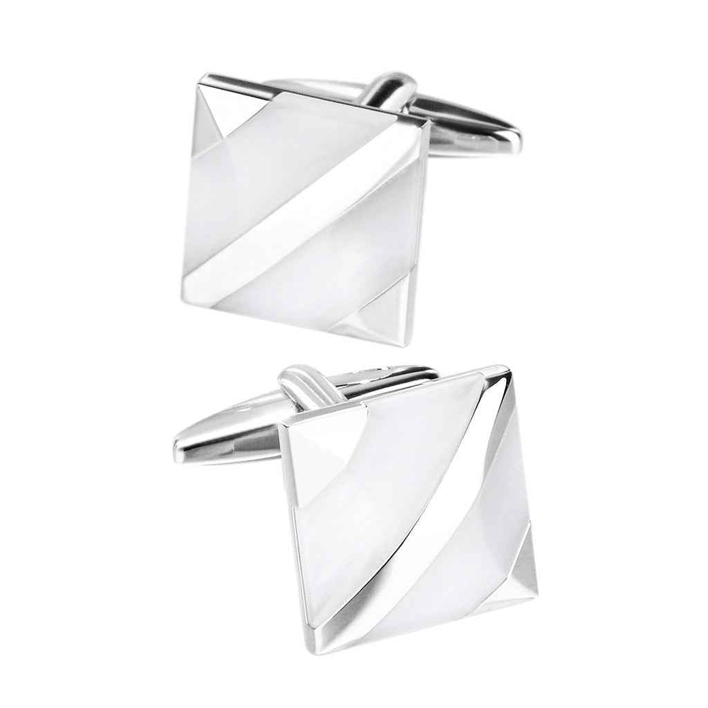 White diagonal stripe double-row cufflinks with silver frame