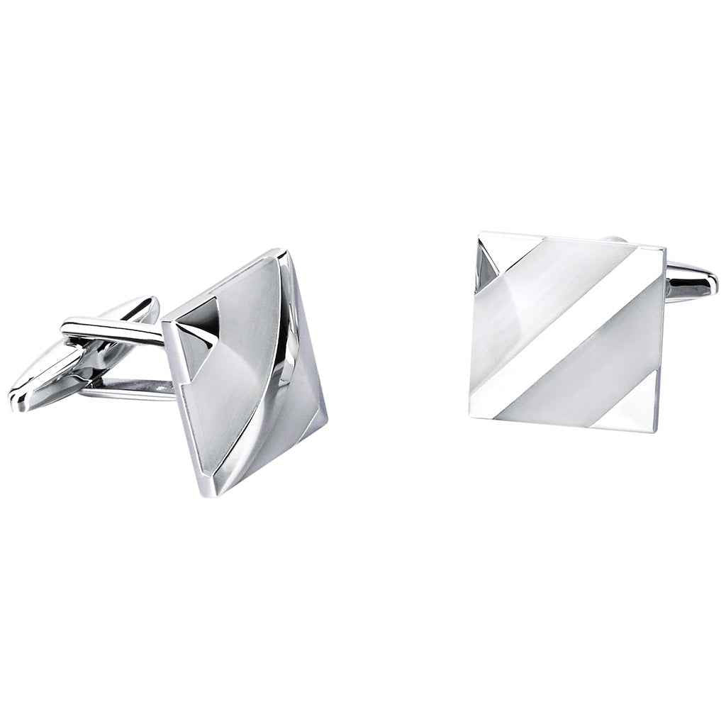 White diagonal stripe double-row cufflinks with silver frame