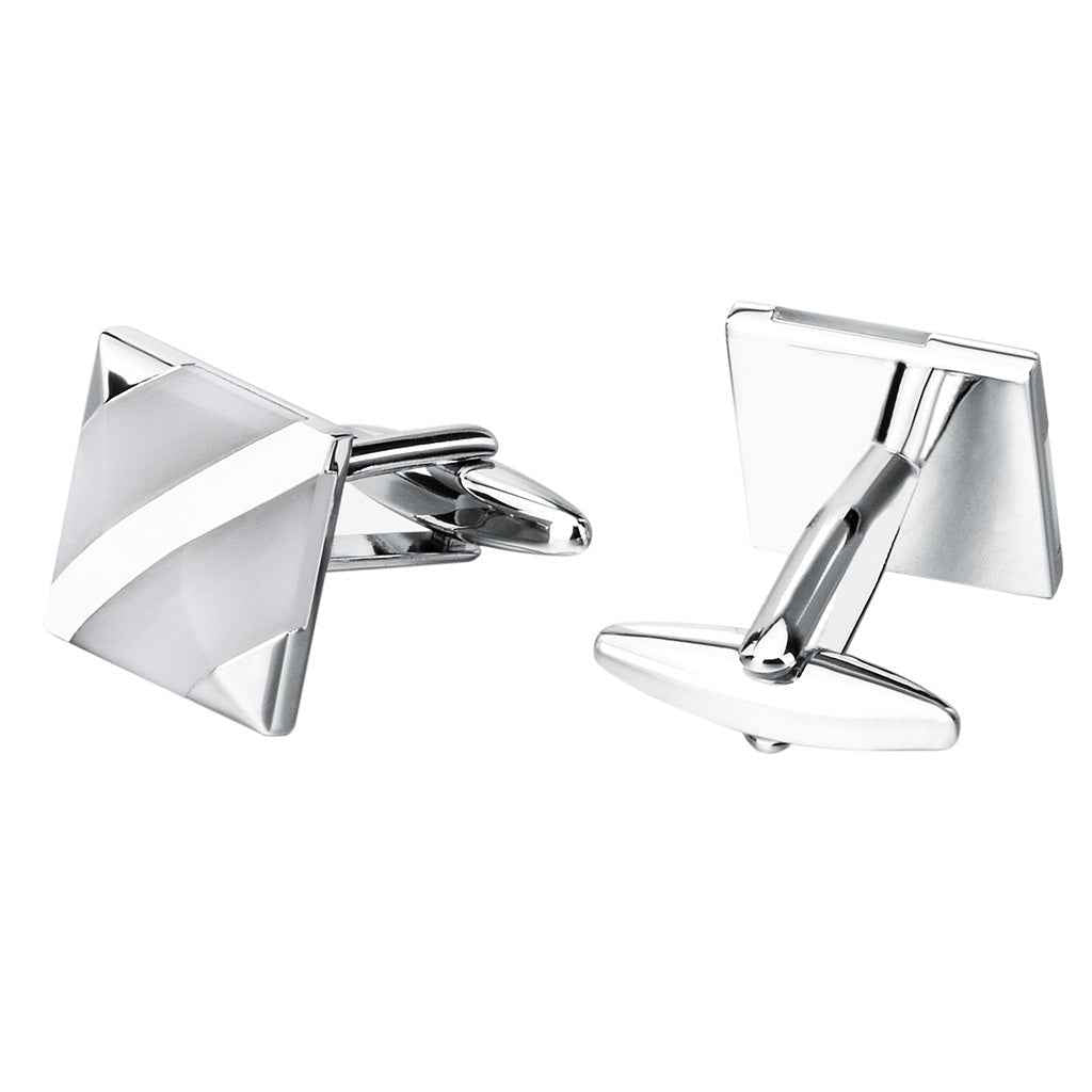 Side view: white diagonal stripe cufflinks with hinged post and silver finish