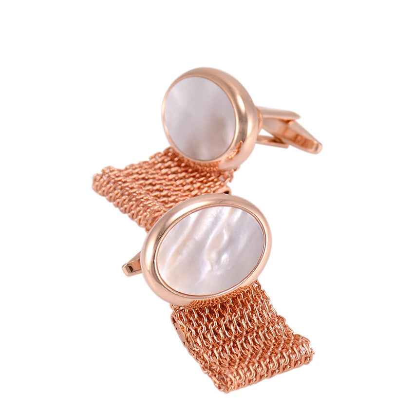 Rose gold cufflinks with white mother-of-pearl in round bezel and chain-mesh cuffs