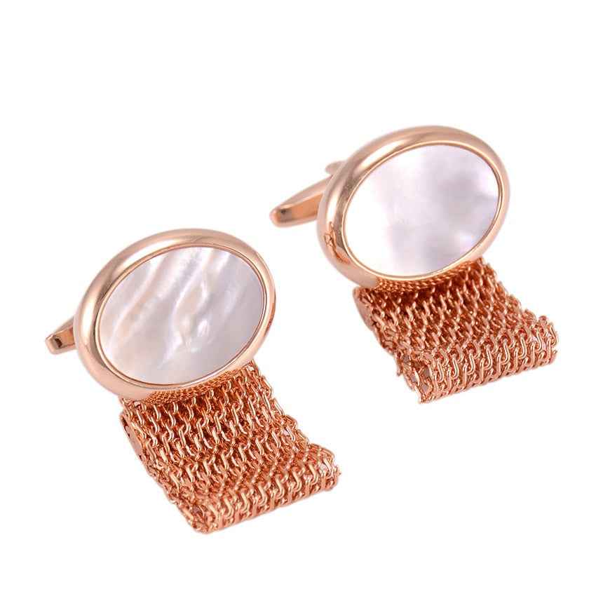 Rose gold cufflinks with white mother-of-pearl in round bezel and chain-mesh cuffs