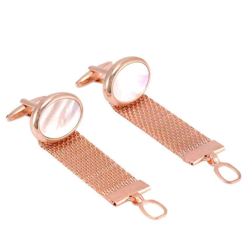 Rose-gold chain-inlaid cufflinks with white mother-of-pearl fronts and rectangular bars