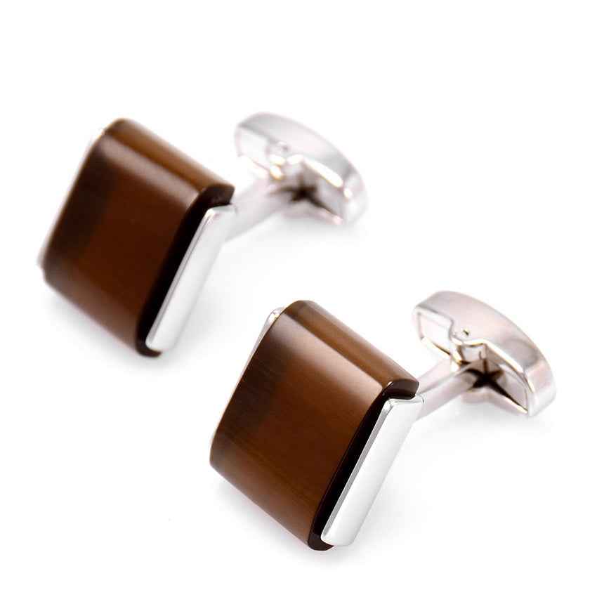 Brown cat’s eye square cufflinks with silver edge and clip clasp