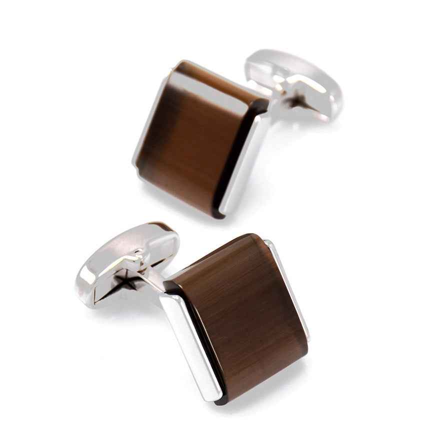 Brown cat’s eye square cufflinks with silver edge and clip clasp