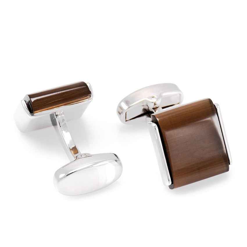 Square brown cat’s eye cufflinks with hinged silver bars and star clasp