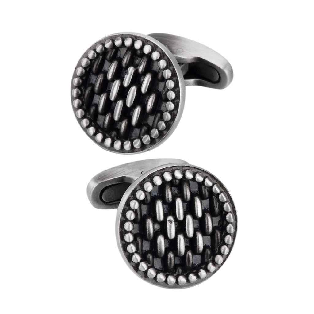 Antique silver round cufflinks: black inlay with silver bead border