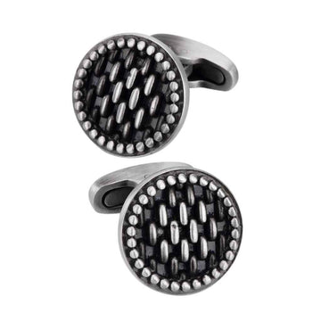 Antique silver round cufflinks: black inlay with silver bead border