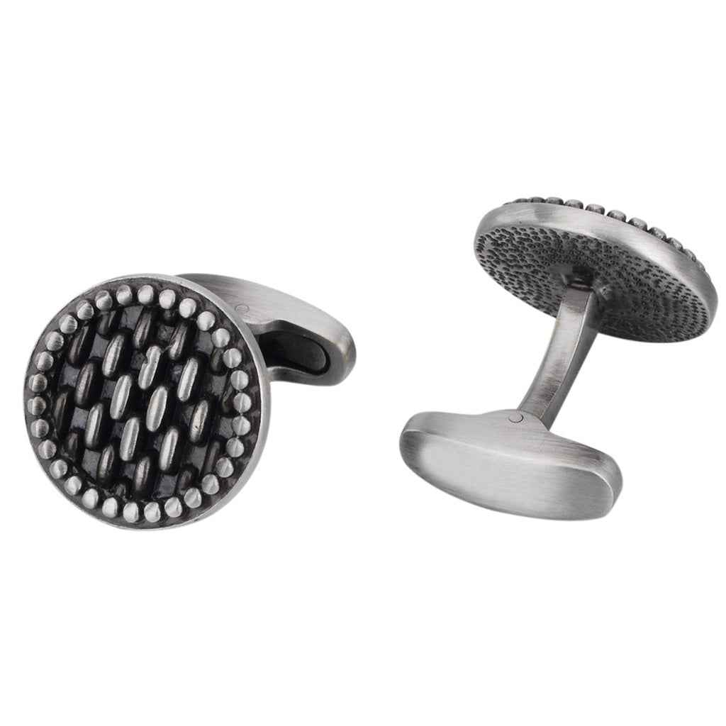 Antique silver round cufflinks: black inlay with silver bead border