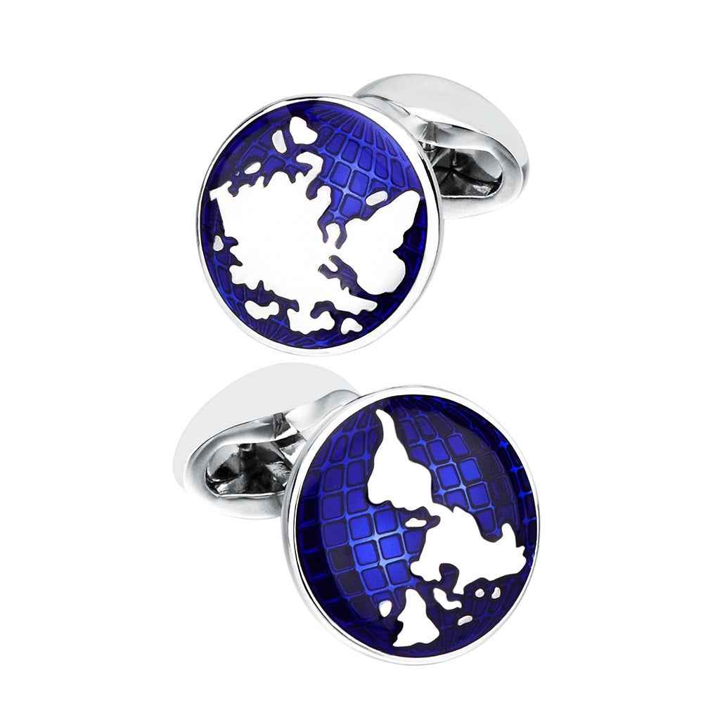 Blue world map cufflinks with silver round frames and hinged backs