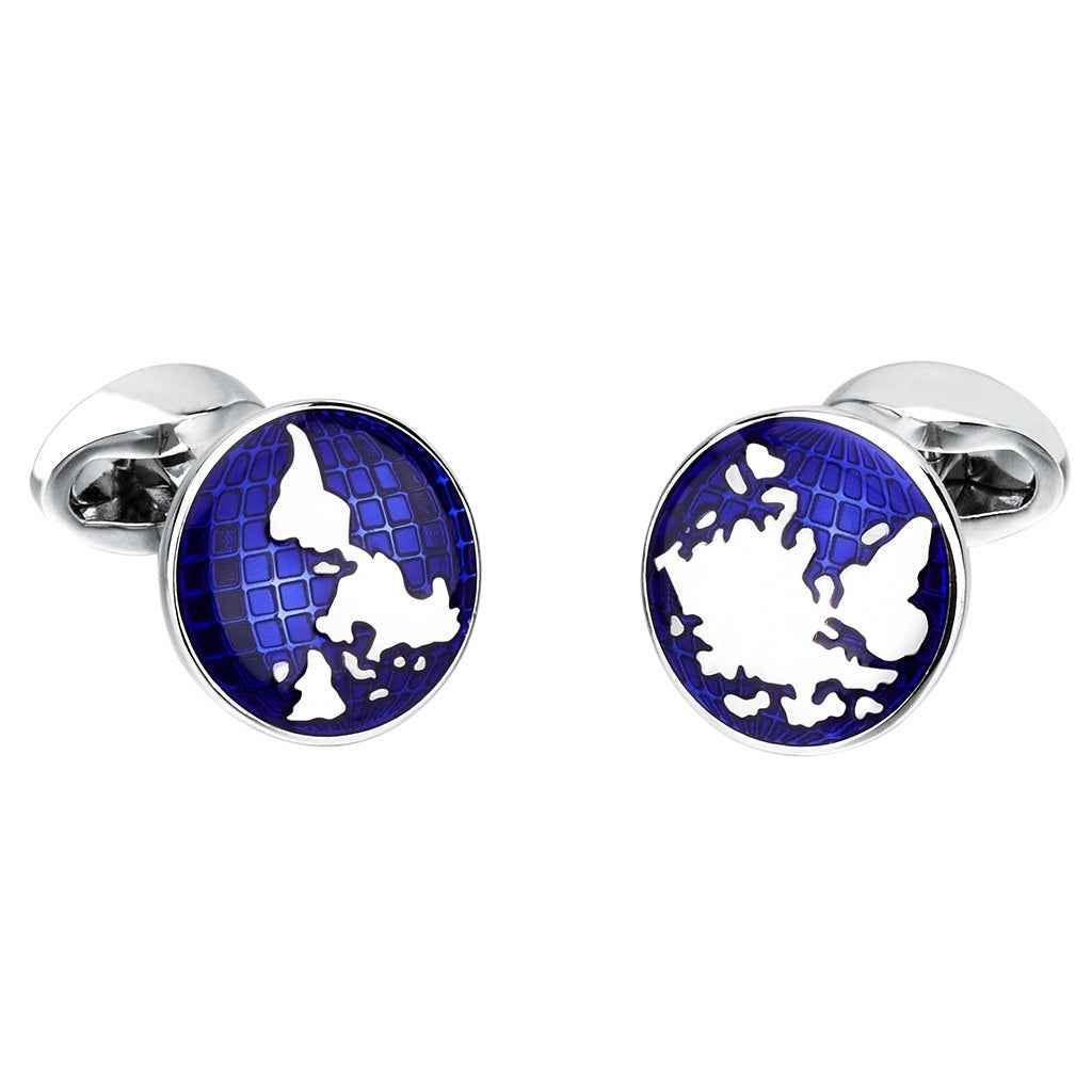 Blue world map cufflinks with silver round frames and hinged backs